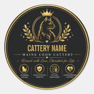 Adesivo Redondo Gatinheiro Maine Coon Preto e Dourado de Luxo Pers