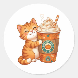 Adesivo Redondo Gatinho Aconchegante de Café com Tempero de Abóbor