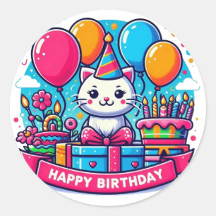 Adesivo Redondo Gatinho Adorável Feliz Aniversário
