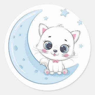 Adesivo Redondo Gatinho Adorável Sobre a Lua