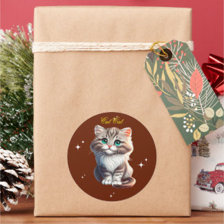 Adesivo Redondo Gatinho Atraente Cinza Tabby Fofo com Olhos Azuis