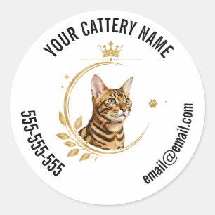 Adesivo Redondo Gatinho Bengal Personalizado com Nome, Telefone e 