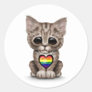 Adesivo Redondo Gatinho bonito com o coração do orgulho gay do