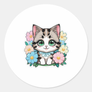 Adesivo Redondo Gatinho Bonito com Vinheta Flor