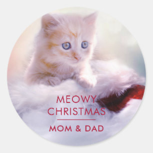 Adesivo Redondo Gatinho Bonito Descansando em um Natal Feliz