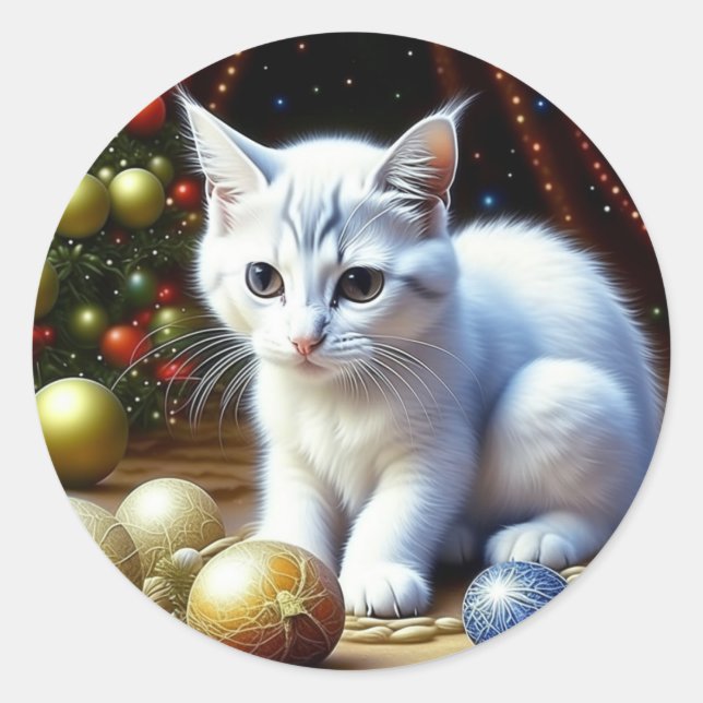 Adesivo Redondo Gatinho Branco brincando com Enfeites de natal Dou (Frente)