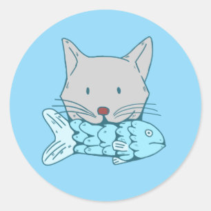 Adesivo Redondo Gatinho Cinza Segurando Peixe Azul - Arte Capricho