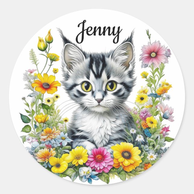Adesivo Redondo Gatinho Cute Cercado por Flores Personalizadas (Frente)