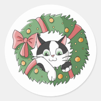 Adesivo Redondo Gatinho de desenho animado de Natal pendurado fofo