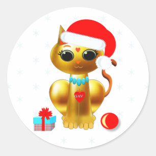 Adesivo Redondo Gatinho de desenho animado fofo de Natal dourado