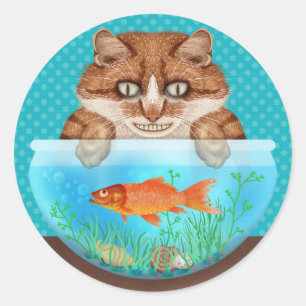 Adesivo Redondo Gatinho de Gato e Peixe-Dourado Engraçado