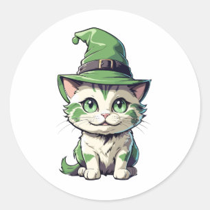 Adesivo Redondo Gatinho de Halloween bonito com chapéu verde