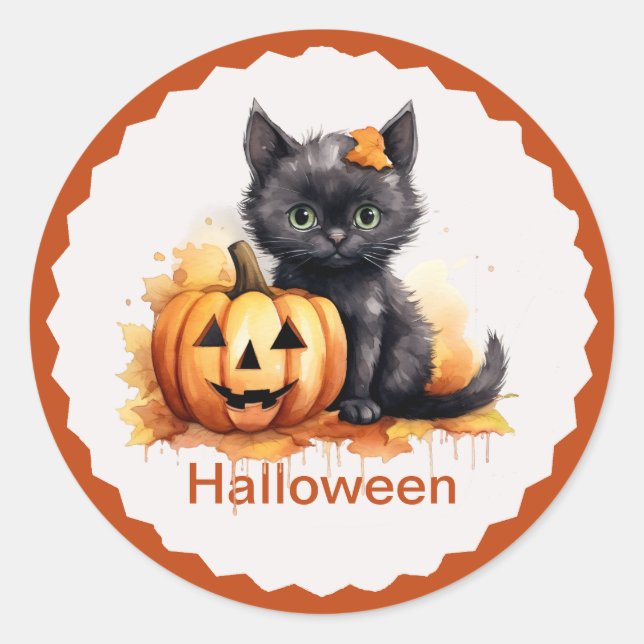 Adesivo Redondo Gatinho de Halloween e Pumpkin Sticker (Frente)