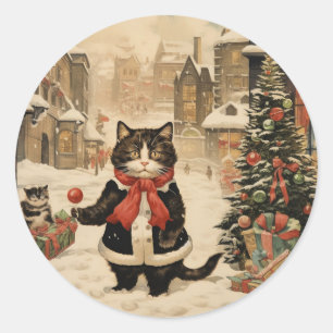 Adesivo Redondo Gatinho de Natal, Dia de Neve
