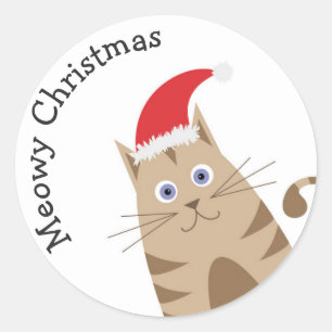Adesivo Redondo gatinho de Natal, gato vestindo chapéu de Papai N