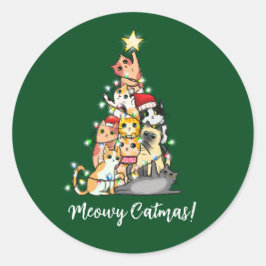 Adesivo Redondo Gatinho Divertido Meow Natal Gatos Árvore de Natal