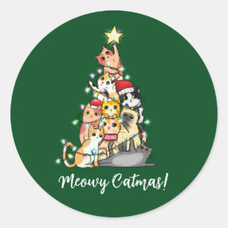 Adesivo Redondo Gatinho Divertido Meow Natal Gatos Árvore de Natal