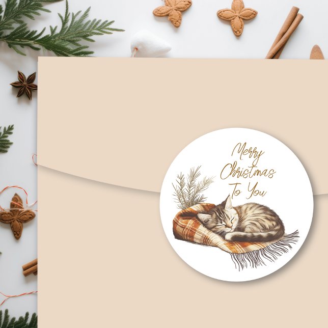 Adesivo Redondo Gatinho Doce Dormindo no Natal Quente (Criador carregado)