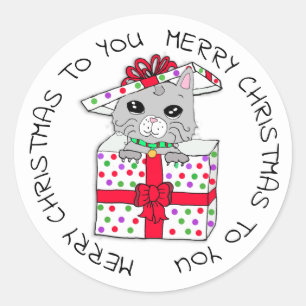 Adesivo Redondo Gatinho doce na caixa de presente do Natal
