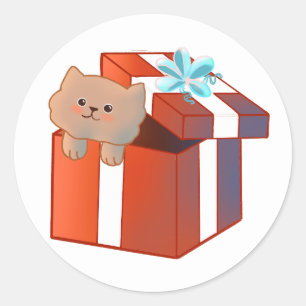 Adesivo Redondo gatinho em uma caixa de presente