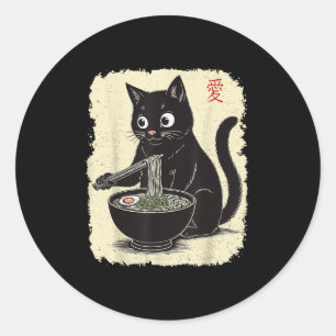 Adesivo Redondo Gatinho Engraçado Comendo Ramen Japonês Anime Kawa