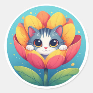 Adesivo Redondo Gatinho Fofo Aninhado em uma Flor em Flor
