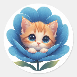 Adesivo Redondo Gatinho Fofo Aninhado numa Flor em Flor