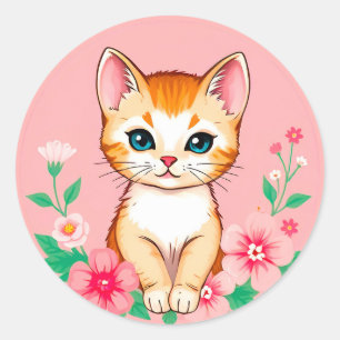 Adesivo Redondo Gatinho Fofo com Flores