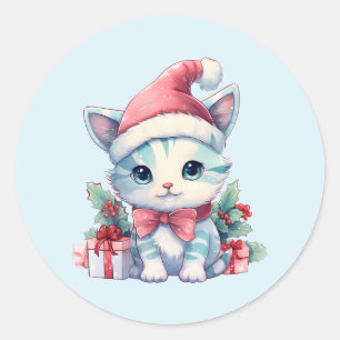 Adesivo Redondo Gatinho Fofo de Chapéu de Papai Noel Natal