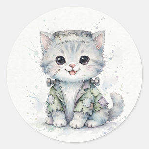 Adesivo Redondo Gatinho Fofo de Frankenstein no Halloween