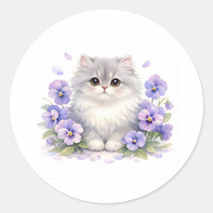 Adesivo Redondo Gatinho Fofo em Aquarela com Flores de Pansy Roxas