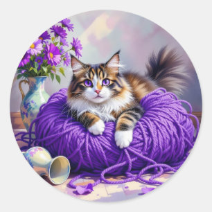Adesivo Redondo Gatinho Fofo em Bola de Fio Roxo