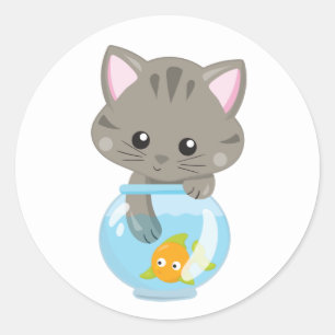 Adesivo Redondo Gatinho Fofo Gata Louca Gatinho Fofo Peixe