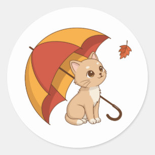Adesivo Redondo Gatinho Fofo Gato Vermelho Amarelo Guarda-chuva Qu