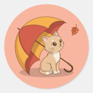 Adesivo Redondo Gatinho Fofo Gato Vermelho Amarelo Guarda-chuva Qu