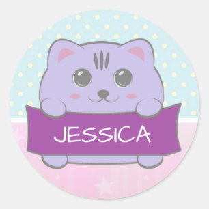 Adesivo Redondo Gatinho Fofo Personalizado com Bolinhas