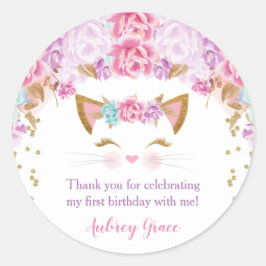 Adesivo Redondo Gatinho gatinho, chato floral rosa púrpura