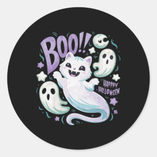 Adesivo Redondo Gatinho Ghost Cat Boo Halloween