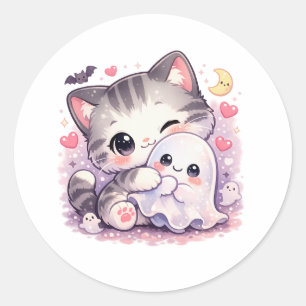 Adesivo Redondo Gatinho Kawaii Abraçando Fantasma