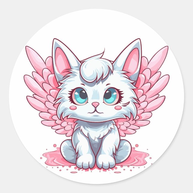 Adesivo Redondo Gatinho Kawaii Branco e Bonito com Asas Rosa (Frente)