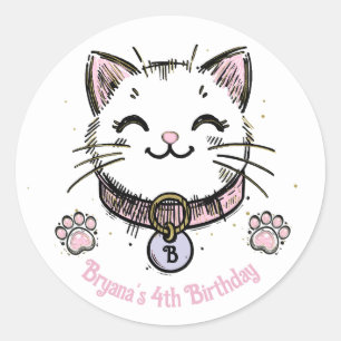 Adesivo Redondo Gatinho Kitty Rosa Roxo Dourado Festa de Aniversár