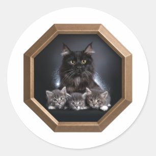 Adesivo Redondo Gatinho Mãe Preto E Seus Três Gatinhos