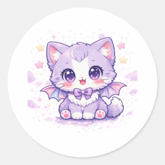 Adesivo Redondo Gatinho Morcego Pastel Kawaii Gato com Asas Lavand