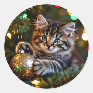 Adesivo Redondo Gatinho no Natal na Árvore