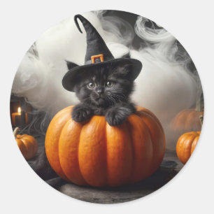 Adesivo Redondo Gatinho Preto de Halloween em Abóbora