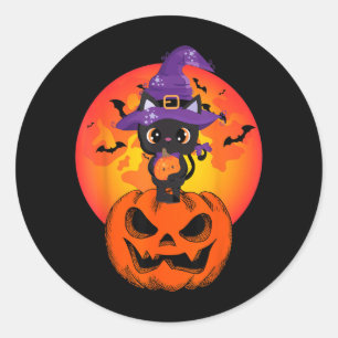 Adesivo Redondo Gatinho Preto do Halloween Chapéu de Bruxa Abóbora