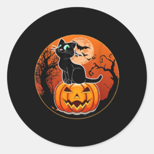 Adesivo Redondo Gatinho Preto do Halloween Chapéu de Bruxa Abóbora