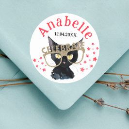 Adesivo Redondo Gatinho Preto Fofo com Brilho Vermelho e Dourado E