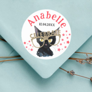 Adesivo Redondo Gatinho Preto Fofo com Brilho Vermelho e Dourado E