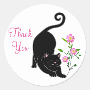 Adesivo Redondo Gatinho preto fofo com flores Obrigado